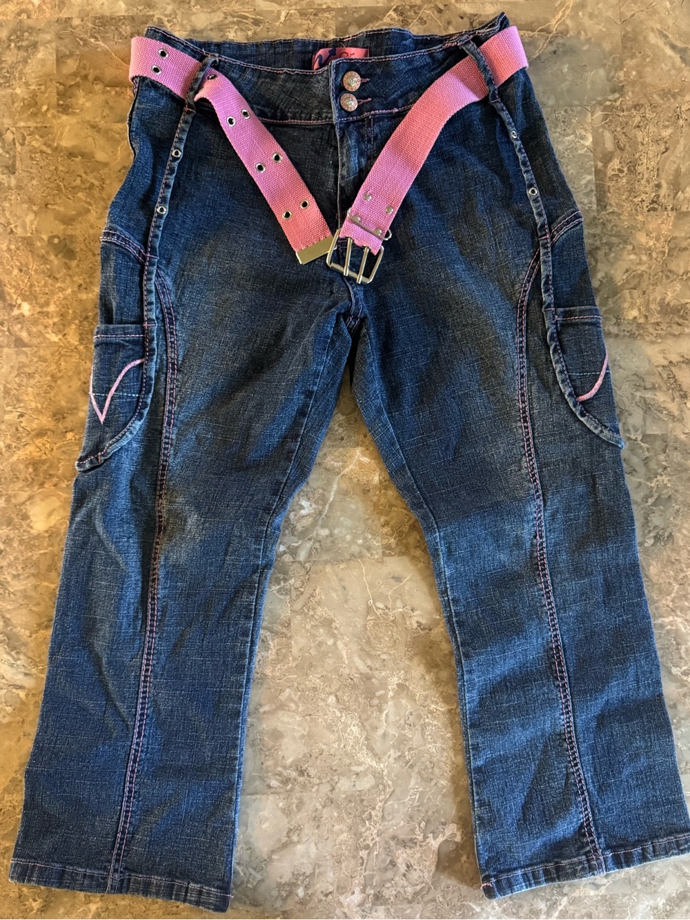 Vintage Brand Denim Cargo Jeans with Pink Contrast Stitching and Belt